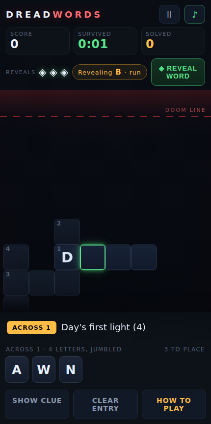 Dread Words gameplay: a rising crossword with the clue “Day's first light (4)” and a tray of jumbled letters below the doom line.